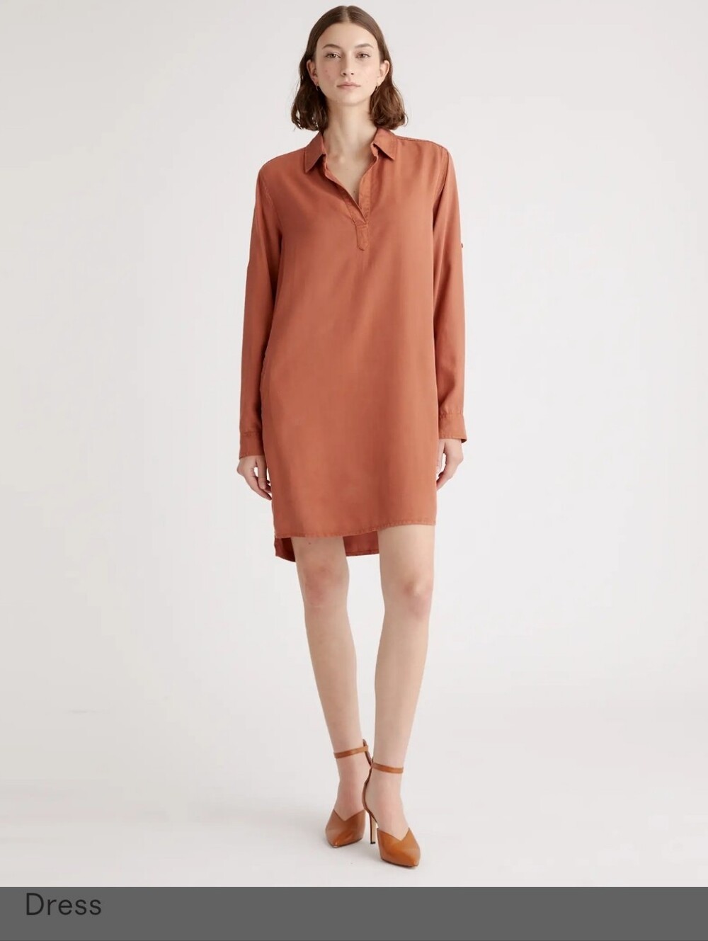 Quince Vintage Wash Tencel Roll Sleeve Tunic Dress In Terracotta